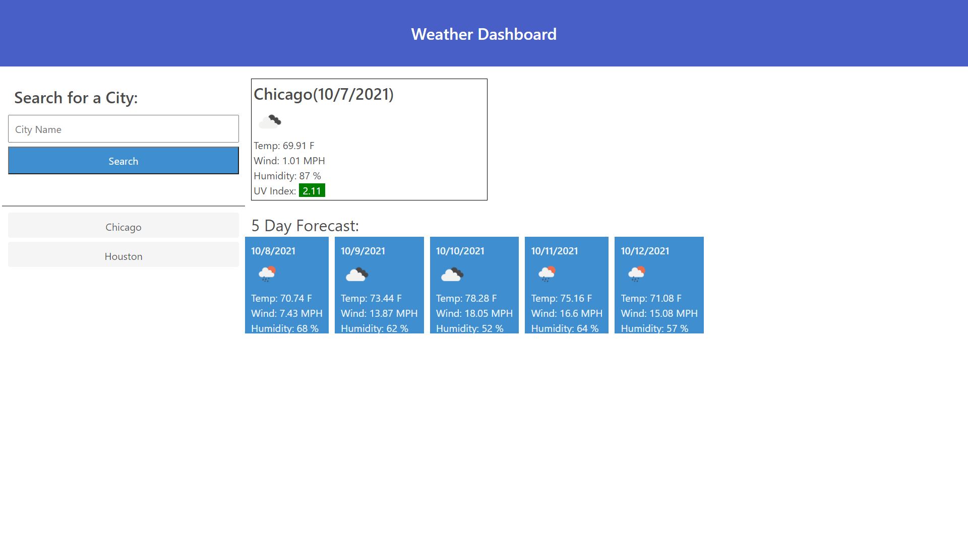 Weather Dashboard with current weather and 5 day forecast